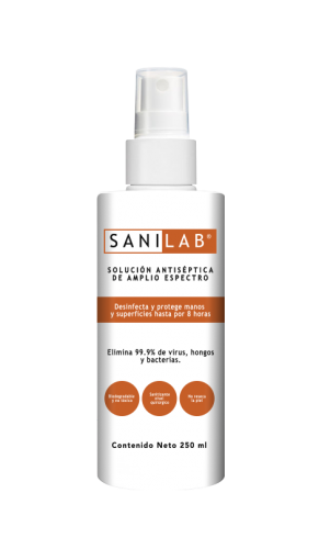 Frasco atomizador de 250 ml. SANILAB Solución Antiséptica de amplio espectro. Sanitiza y desinfecta.